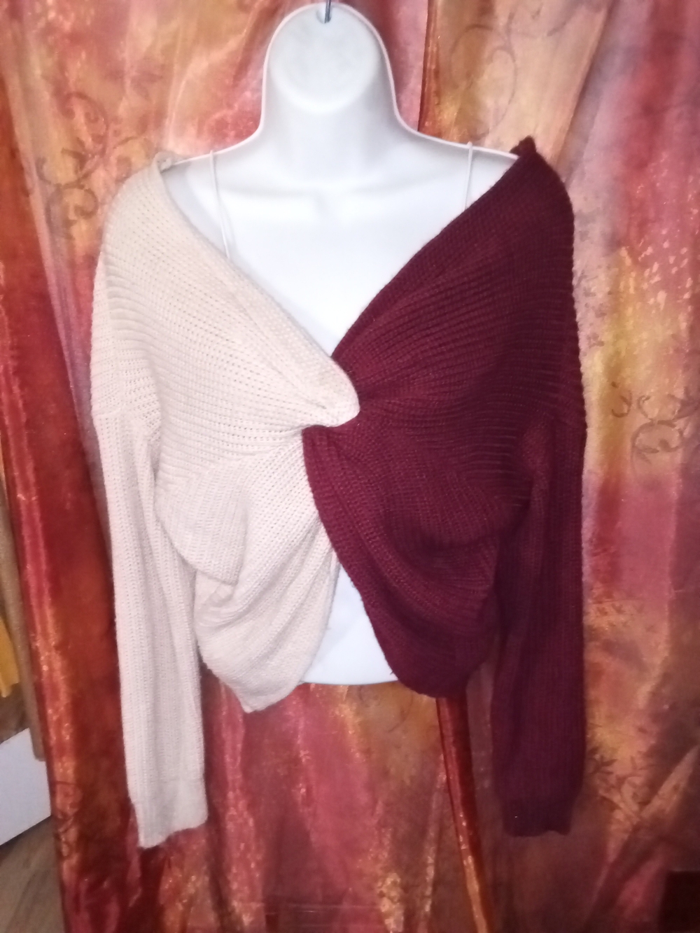 Two-Tone Burgundy & Beige Knit Twist Front Sweater - No Boundaries